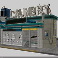 Sci Fi Futuristic Laundry Shop With Neon Sign Industrial Pipes And Vintage Machines