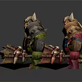 Four Different Colored Orc Characters With Horns And Weapons On Black Background With Reflections