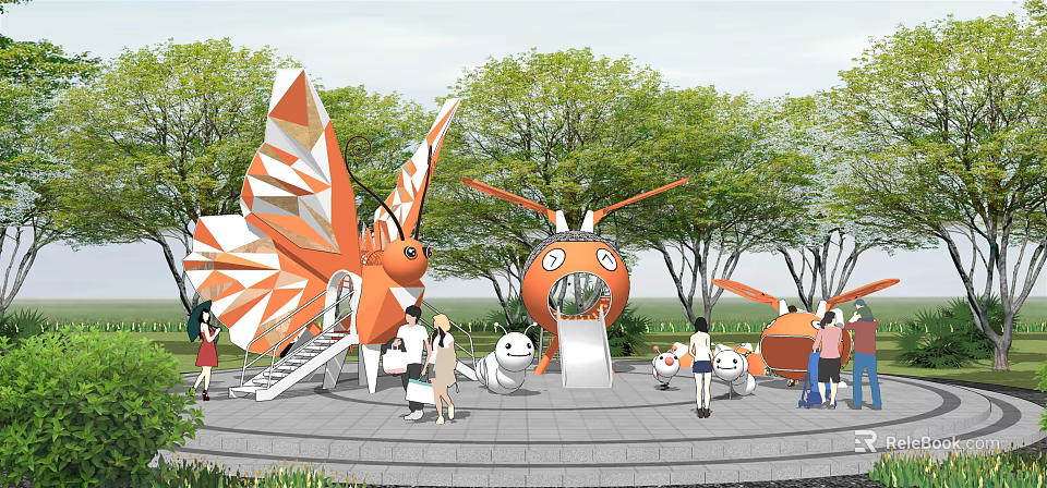 Fun Outdoor Children's Playground With Orange Butterfly Beetle Play Structures And Trees 3d model 