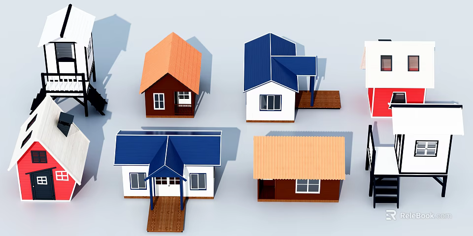 Colorful Wooden Houses With Various Styles Orange Blue Brown Roofs And Porches 3d model 