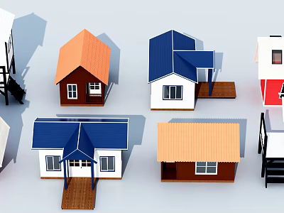 Colorful Wooden Houses With Various Styles Orange Blue Brown Roofs And Porches 3d model