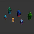 Colorful Crystal Shaped Decorative Ornament Set with Reflective Surfaces on Dark Background