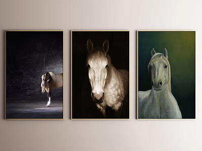 Three Horse Paintings Hanging on Wall With Dark and Light Backgrounds 3d model