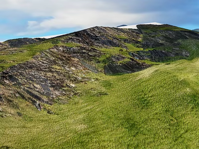 Green Rolling Hills With Rocky Outcrops And Snowy Mountain Peaks Under Blue Sky 3d model
