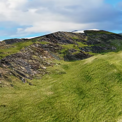 Green Rolling Hills With Rocky Outcrops And Snowy Mountain Peaks Under Blue Sky 3d model
