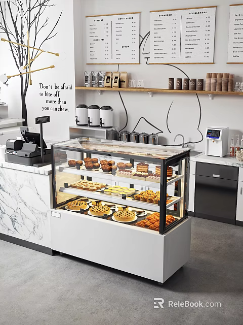 Bubble Tea Shop Interior With Pastry Display And Equipment 3d model 