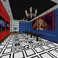 Stylish KTV Room Interior With Blue Sofas Black And White Geometric Floor And Chandelier