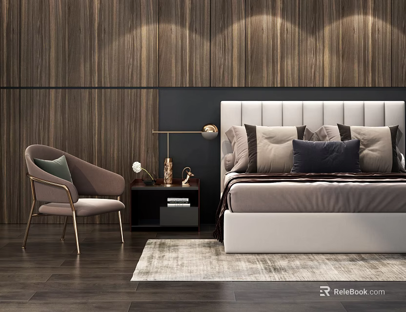 Double Bed with White Headboard Wooden Wall Background Multiple Pillows Accent Chair and Nightstand 3d model 
