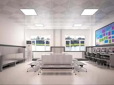 Modern Meeting Room Interior With Geometric Ceiling Square Lights Large Windows Green View And Colorful Display Screen 3d model