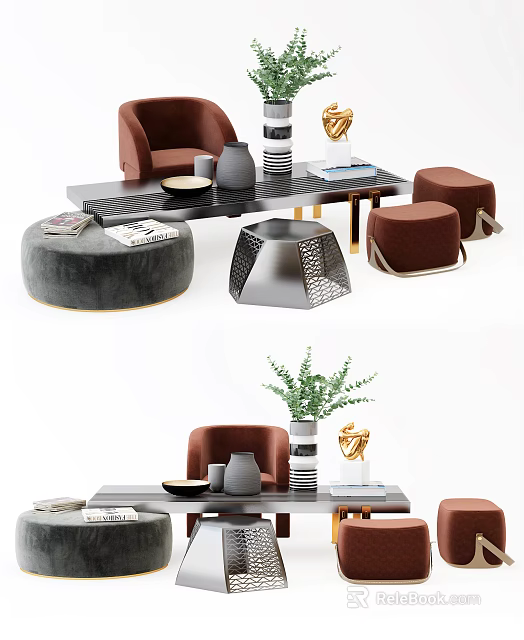 Elegant Modern Tea Table and Chairs with Decorative Vases Books and Stools 3d model 