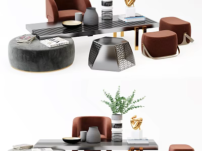 Elegant Modern Tea Table and Chairs with Decorative Vases Books and Stools 3d model