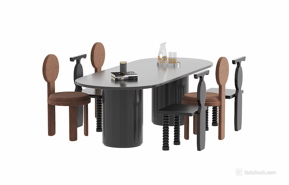 Modern Dining Table Set with Oval Fluted Dark Base and Round Backrest Wooden Chairs 3d model 