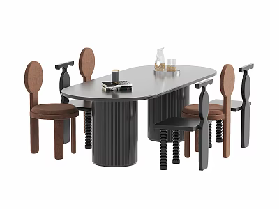 Modern Dining Table Set with Oval Fluted Dark Base and Round Backrest Wooden Chairs 3d model