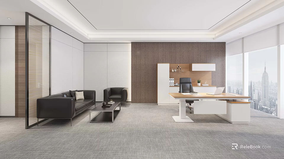 Modern Office Interior With Leather Sofa Executive Desk And Large Windows 3d model
