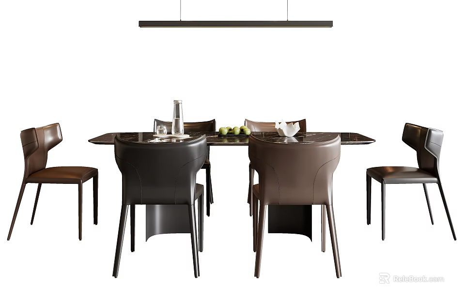 Modern Dining Table Set With Leather Chairs And Black Brown Tabletop Design 3d model