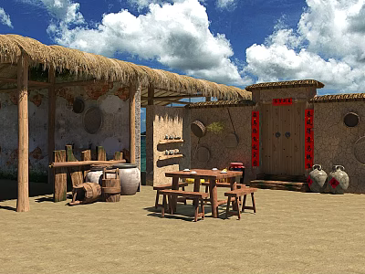 Traditional Chinese Garden Landscape with Thatched Roof Wooden Structure Clay Jars and Red Couplets 3d model