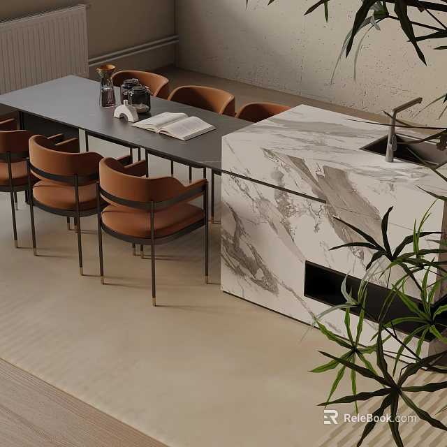 Modern Dining Table Set With Orange Chairs Metal Legs And Marble Island Sink 3d model 