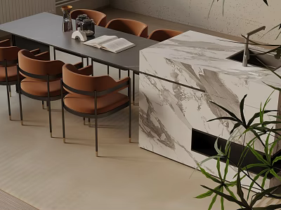Modern Dining Table Set With Orange Chairs Metal Legs And Marble Island Sink 3d model