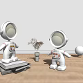 Astronaut Dolls With Sunset Inspired Circular Light Shadow Plant Books Stack And Round Lamp