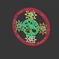 Mechanical Gear Device With Red Outer Ring Green Central Component And Gold Gears