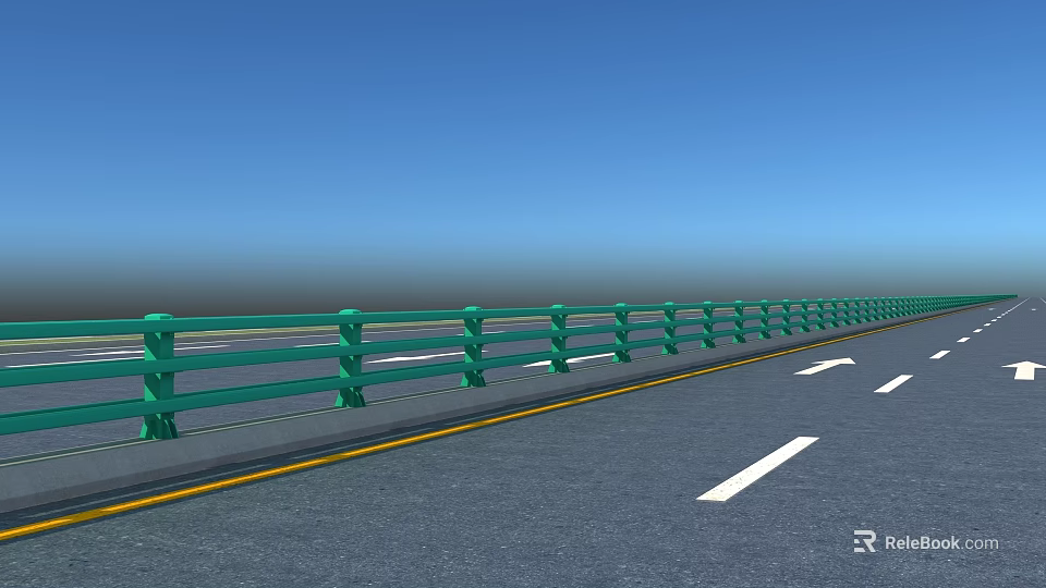 Road Facilities Featuring Green Guardrail White Arrow Markings Yellow Line On Roadway And Blue Sky 3d model 