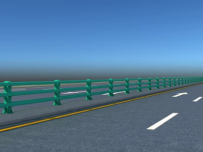Road Facilities Featuring Green Guardrail White Arrow Markings Yellow Line On Roadway And Blue Sky 3d model