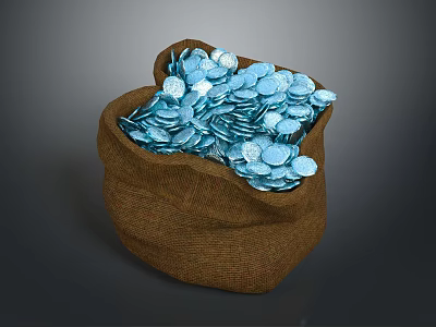 Full Burlap Sack Filled With Shiny Blue Coins On Gray Background 3d model