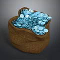 Full Burlap Sack Filled With Shiny Blue Coins On Gray Background