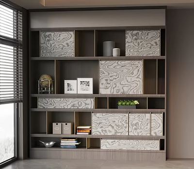 Modern Multi Tiered Bookcase With Patterned Panels Photo Frames Books And Potted Plant 3d model