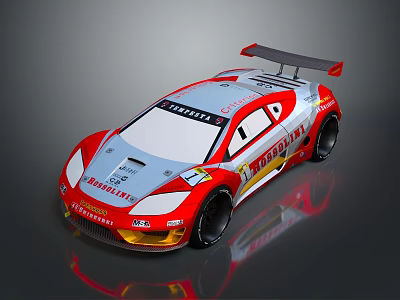 Red And White High Speed Racing Car Featuring Sponsor Logos And Rear Wing 3d model