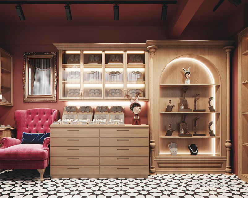 Boutique With Red Walls Wooden Display Cabinets Lighting Strips Red Armchair Black White Geometric Floor 3d model 