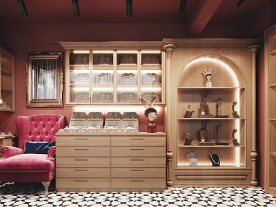 Boutique With Red Walls Wooden Display Cabinets Lighting Strips Red Armchair Black White Geometric Floor 3d model