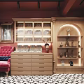 Boutique With Red Walls Wooden Display Cabinets Lighting Strips Red Armchair Black White Geometric Floor