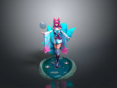 Fantasy Woman Figure with Pink Hair Blue Decorative Wings and Lotus Water Pool Base 3d model