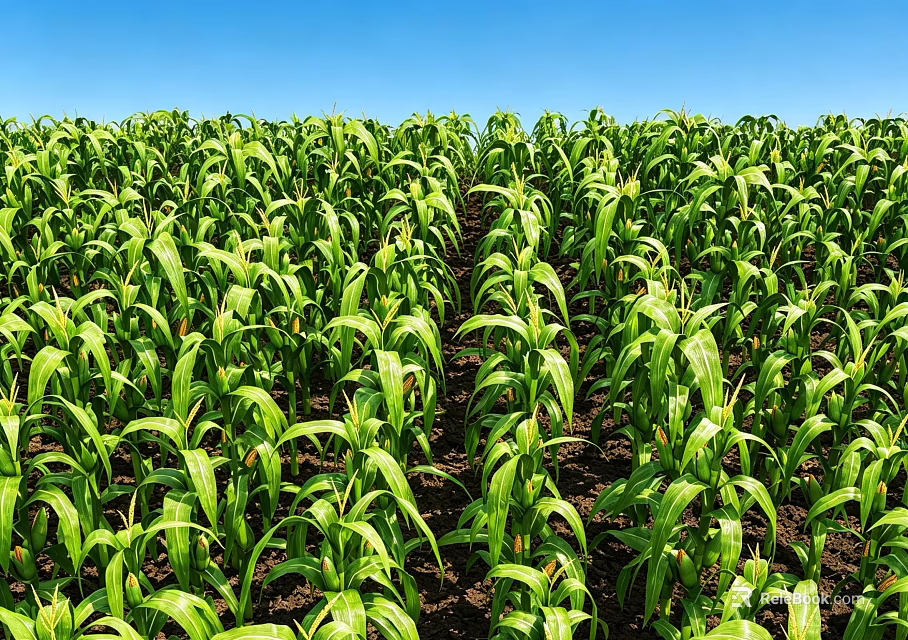 Green Cornfield With Healthy Lush Corn Plants Growing Under Blue Sky 3d model 