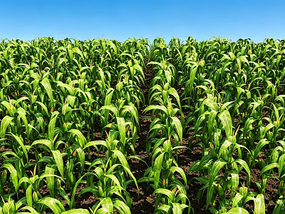 Green Cornfield With Healthy Lush Corn Plants Growing Under Blue Sky 3d model