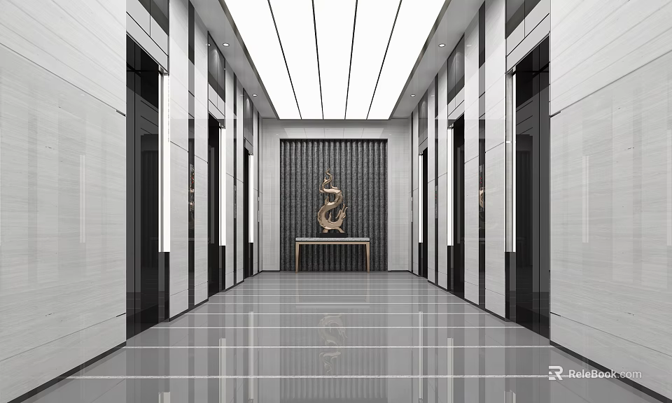 Modern Elevator Lobby With Shiny Floor Elevator Doors On Both Sides And Decorative Table 3d model