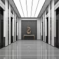 Modern Elevator Lobby With Shiny Floor Elevator Doors On Both Sides And Decorative Table 3d model