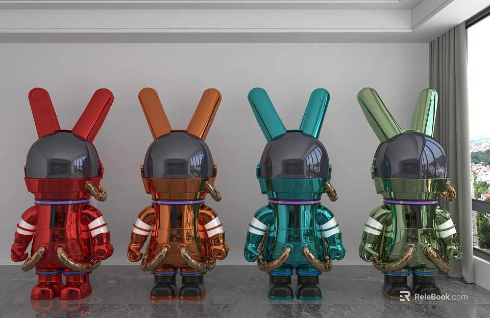 Modern Metallic Rabbit Shaped Ornament Decoration Set With Multi Colored Design And Astronaut Elements 3d model