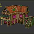 Charming Log Cabin With Red Roof Stained Glass Windows Balcony Staircase And Vines On Walls