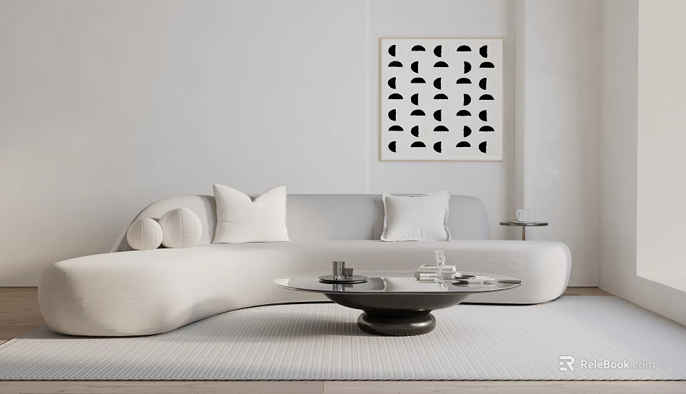 Modern White Sectional Sofa Living Room With Round Coffee Table And Geometric Wall Art 3d model 
