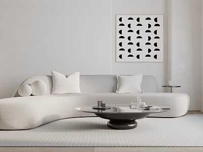 Modern White Sectional Sofa Living Room With Round Coffee Table And Geometric Wall Art 3d model