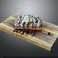 Delicious Toasted Bread With Cream Topping And Drizzled Brown Sauce On Wooden Board