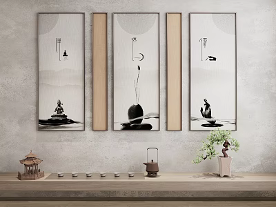 Chinese Zen Decorative Paintings On Wall With Tea Set And Green Plant Decor 3d model
