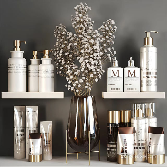 Luxury Perfume Cosmetics Display with White Gold Bottles and Floral Vase on Shelves 3d model 