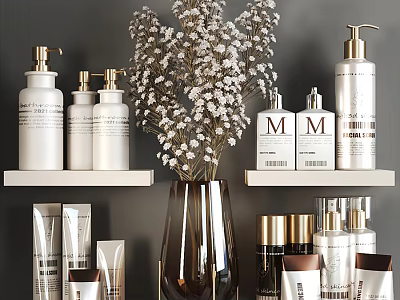Luxury Perfume Cosmetics Display with White Gold Bottles and Floral Vase on Shelves 3d model
