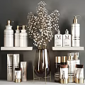 Luxury Perfume Cosmetics Display with White Gold Bottles and Floral Vase on Shelves