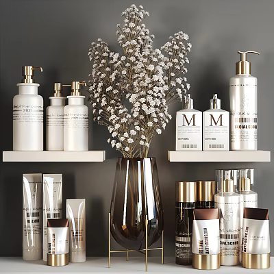 Luxury Perfume Cosmetics Display with White Gold Bottles and Floral Vase on Shelves 3d model
