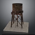 Rusted Water Tower Model With Metal Frame Ladder And Concrete Base