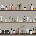 Organized Bathroom Accessories With Various Decorative Products On Multiple Wooden Shelves